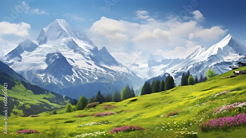 Idyllic mountain landscape in the Alps with blooming meadows in springtime © Alin