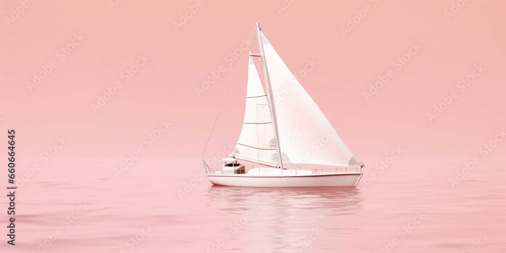 Sailboat on Pink Sea and Pink Sky View