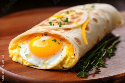 Delicious egg in a breakfast wrap, sunny-side up and tightly wrapped. Generative AI © Lando