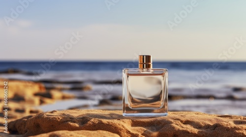Minimalistic Perfume Bottle Rests Gracefully on Sandy Beach with Serene Ocean Horizon - Fragrance and Tranquility Concept