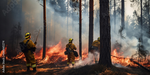 Firefighters fighting the fire at forest. Generative AI.