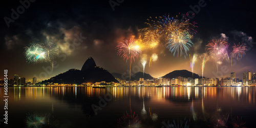 Fireworks at Rio de Janeiro new year background. Generative AI.