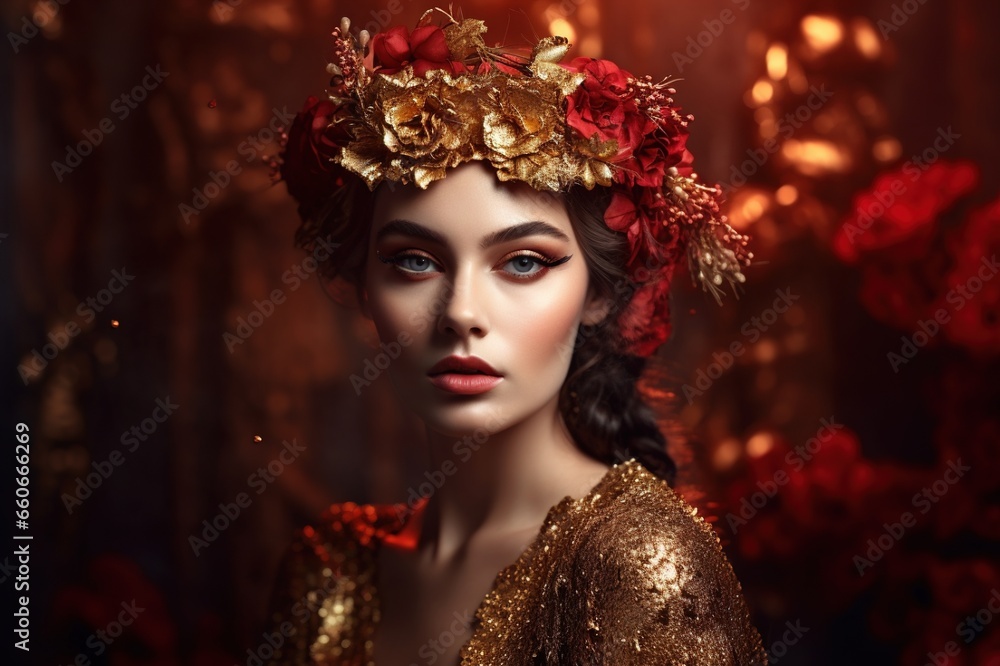 Beautiful girl model with a flower wreath on her head on a dark background. Pretty woman with flower hairstyle. Perfect makeup. Fashion beauty. art portrait. Generative AI Beautiful girl model with a flower wreath on her head on a dark background. Pretty woman with flower hairstyle. Perfect makeup. Fashion beauty. art portrait. Generative AI