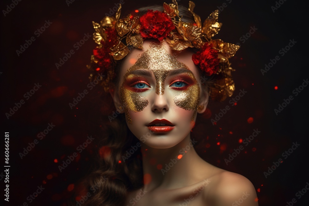 Beautiful girl model with a flower wreath on her head on a dark background. Pretty woman with flower hairstyle. Perfect makeup. Fashion beauty. art portrait. Generative AI Beautiful girl model with a flower wreath on her head on a dark background. Pretty woman with flower hairstyle. Perfect makeup. Fashion beauty. art portrait. Generative AI