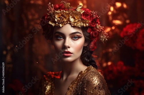 Beautiful girl model with a flower wreath on her head on a dark background. Pretty woman with flower hairstyle. Perfect makeup. Fashion beauty. art portrait. Generative AI