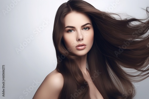 Beautiful long hair. Beauty with luxurious straight brown hair. Beautiful model on a white background.Generative AI