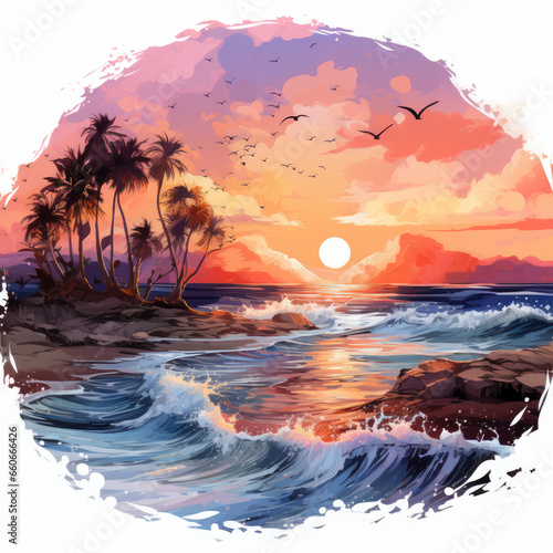 watercolor Colorful Watercolor Beach Sunset sublimation for clipart, Generative Ai © moondesigner