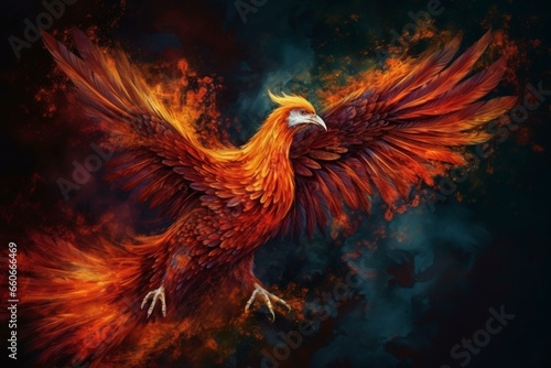 a fiery mythical bird with vibrant colors, spreading its wings in flight. Generative AI