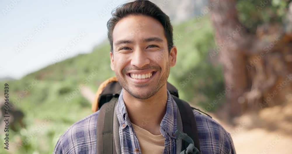 Hiking, happy in nature and face of man on mountain with backpack for adventure, trekking and freedom. Travel, holiday and portrait of person smile outdoor walking for wellness, vacation and exercise Hiking, happy in nature and face of man on mountain with backpack for adventure, trekking and freedom. Travel, holiday and portrait of person smile outdoor walking for wellness, vacation and exercise