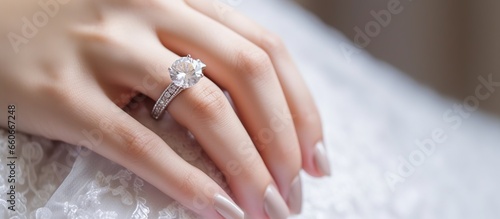 A woman's hand wearing a diamond engagement ring © maretaarining