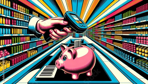 A piggy bank with a barcode and a scanner in a supermarket background in a pop art style, consumerism, savings and finance, pop art aesthetics, retail and shopping, modern digital technology