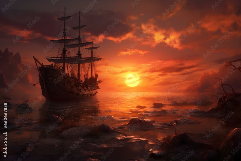 Sunset seascape with decaying ships after battle: fantasy pirate landscape. majestic and beautiful oil painting style illustration. generative AI