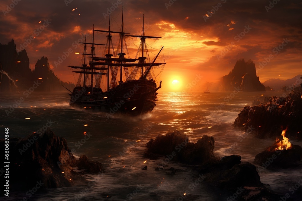 Obraz premium Sunset seascape with decaying ships after battle: fantasy pirate landscape. majestic and beautiful oil painting style illustration. generative AI