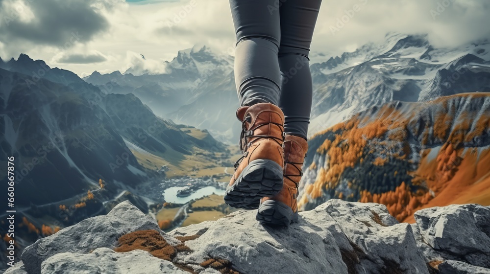 woman stands on the mountain while hiking woman stands on the mountain while hiking