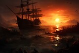 Sunset seascape with decaying ships after battle: fantasy pirate landscape. majestic and beautiful oil painting style illustration. generative AI