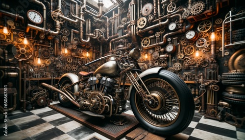 Motorcycle with steampunk details in a gear-filled garage, steampunk aesthetics, futuristic design, mechanical artistry, vintage futurism, detailed craftsmanship