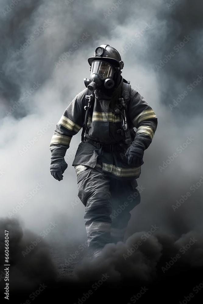 Firefighter against the background of smoke from the fire