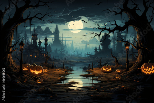 Eerie Halloween Scenes  Glowing Pumpkin Lanterns  Moonlit Mystic Forests  Graveyard with Spooky Pumpkins    Atmospheric Haunting Backdrops. Ai Generative
