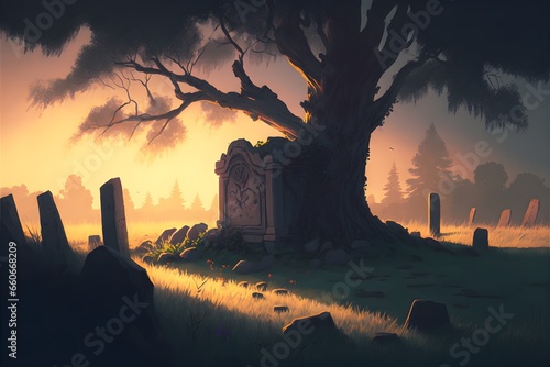 one grave against a tree in a meadow under the pale dawns light semirealistic style dungeons and dragons  photo