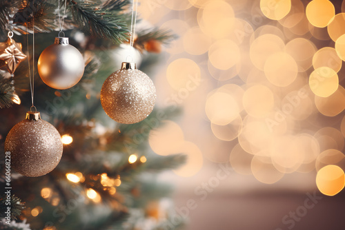 Christbaum mit Kugeln und Dekoration Nahaufnahme mit Platz für Text, Copy Space und festlichem bokeh Hintergrund mit Lichtern und Glitter, Glitzer für Karte oder Banner