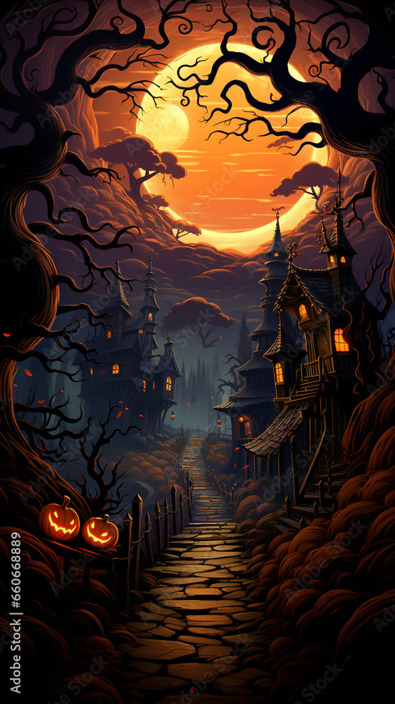 Halloween theme: gloomy night landscape with glowing lights and pumpkins against the backdrop of a Gothic castle