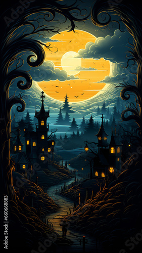 Halloween theme: gloomy night landscape with glowing lights and pumpkins against the backdrop of a Gothic castle