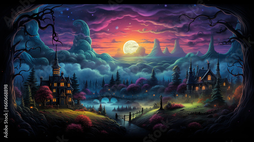Halloween theme: gloomy night landscape with glowing lights and pumpkins against the backdrop of a Gothic castle © barinovalena