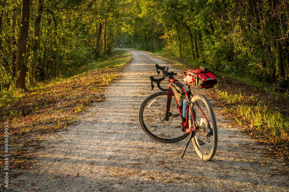 gravel touring bike on Katy Trail near Marthasville, Missouri, in fall scenery