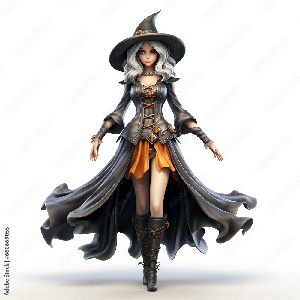 3D Halloween Beautiful witch, full body, isolated on white background
