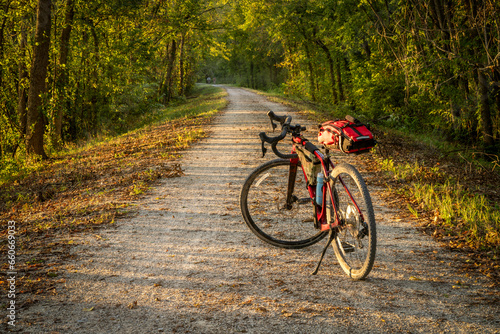 Fototapeta Naklejka Na Ścianę i Meble -  gravel touring bike on Katy Trail near Marthasville, Missouri, in fall scenery