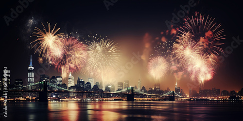 Fireworks at New York new year background. Generative AI.