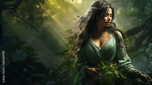 A woman in a forest holding a green leaf a woman standing in the middle of a forest