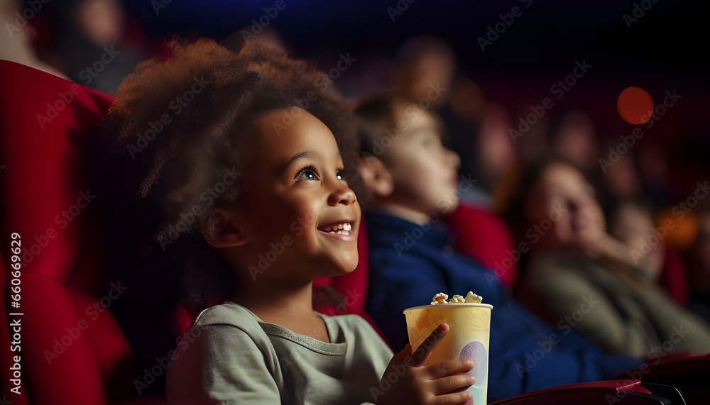 African american 5-year-old boy watching a movie in the cinema with popcorn