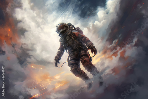 Astronaut in outer space nebula and clouds drawn postcard