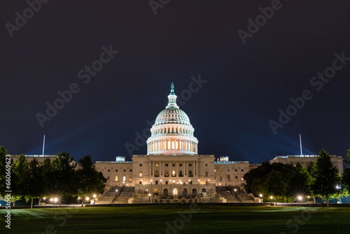 Neoclassical architecture of the Capitol dome building at night, Washington DC, USA. Illuminated Home of Congress and Capitol Hill. The concept of legislative branch, American political system