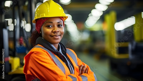 Joyful african american woman portrait with crossed arms, orange jacket, and hard hat in a factory photo