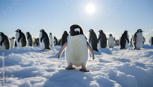Group of several penguins walking on the snow
