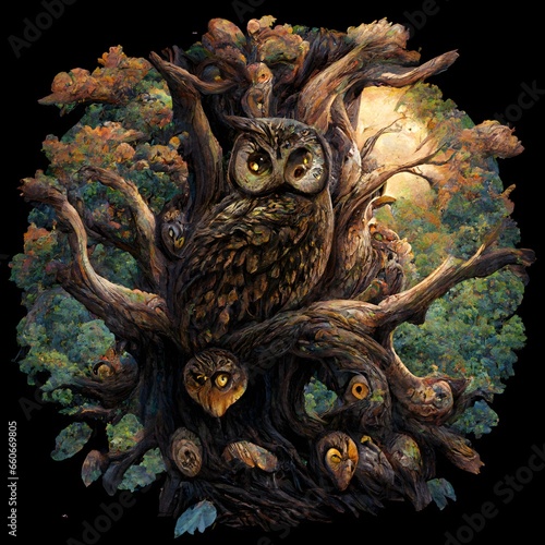an epic illustration of a wise old owl perched on a majestic tree with a serene and proud expression on its face The owl should be surrounded by a group of young adult owls who are also serene and  © Tony