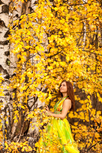 Perfect lady model in yellow colored dress posing in fall park, pensive looking up. Portrait of positive pretty woman walk in natural autumn forest of nature. Golden autumn concept. Copy ad text space
