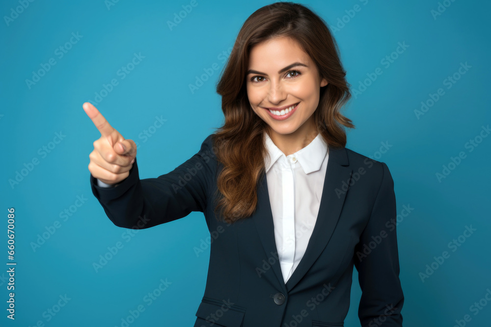 Cheerful businesswoman pointing to copy space on blue background. Cheerful businesswoman pointing to copy space on blue background.