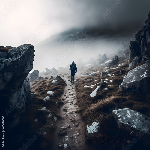 Tela covering a treacherous mountain path with fog