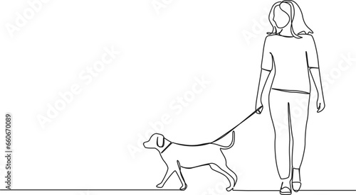 continuous single line drawing of woman walking her dog, line art vector illustration