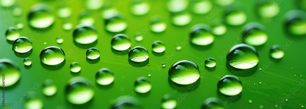Drops of Water on Green Leaf, Panoramic Nature Background