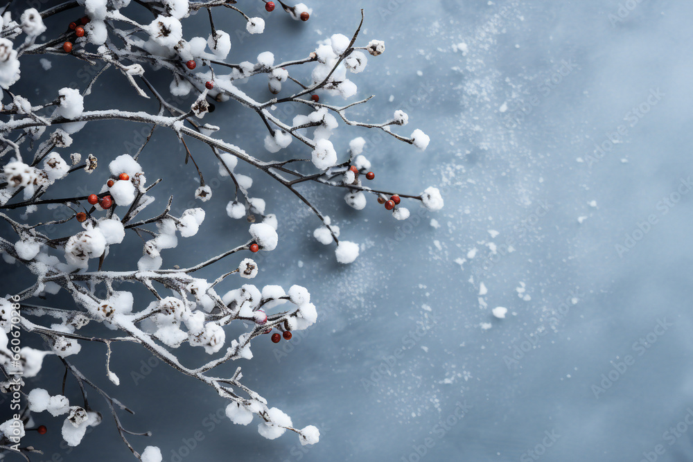 Snow covered the first buds of flowers in early spring. Branches with red berries on a white snow background. Template for inserting text, invitation, ads, banner, blank, design. Spring frost concept. - obrazy, fototapety, plakaty 