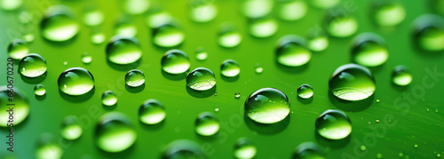 Drops of Water on Green Leaf, Panoramic Nature Background