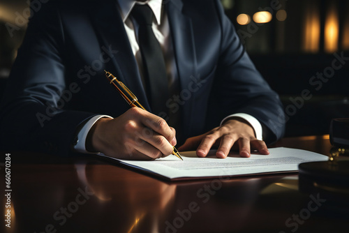 Businessman signing contract for business at work closeup. Lawyer, attorney signing a contract. Business partner considering contract terms before signing, checking legal contract law conditions. photo