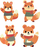 Set of cute cartoon foxes in warm clothes. Vector illustration.