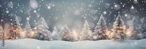 Weihnachten Hintergrund. Weihnachtsbaum mit Schnee verziert mit Lichterkette, Urlaub festlicher Hintergrund. Widescreen Rahmen Hintergrund. Neujahr Winter Art Design, Weihnachtsszene Breitbild