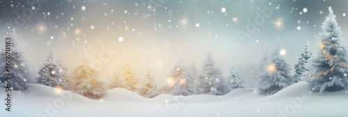 Weihnachten Hintergrund. Weihnachtsbaum mit Schnee verziert mit Lichterkette, Urlaub festlicher Hintergrund. Widescreen Rahmen Hintergrund. Neujahr Winter Art Design, Weihnachtsszene Breitbild © FJM