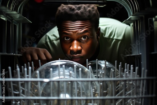 Black man trying to use dishwasher, putting and clean dirty dishes, looking to camera. Close up. photo